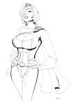  breasts cape dc_comics gloves greyscale huge_breasts lineart monochrome power_girl short_hair solo 