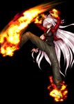  breasts cleavage cosplay dante_(devil_may_cry) dante_(devil_may_cry)_(cosplay) devil_may_cry fire fujiwara_no_mokou kicking large_breasts long_hair nelo_anjuurou pants red_eyes silver_hair solo touhou very_long_hair 