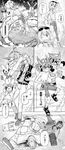  4boys ballistamon belt coat comic cutemon digimon digimon_xros_wars dorulumon gloves greyscale hat headphones high_heels highres hood jewelry monochrome multiple_boys necklace pants personification ponytail shoes shorts shoutmon sunglasses tailmon translation_request wizarmon 