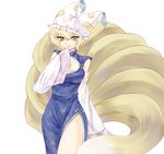  adapted_costume animal_ears bad_id bad_pixiv_id bare_shoulders blonde_hair breasts china_dress chinese_clothes cleavage cleavage_cutout detached_sleeves dress fox_ears fox_tail hat medium_breasts multiple_tails rattan_tantaka short_hair side_slit simple_background slit_pupils smile solo tail thighs touhou yakumo_ran yellow_eyes 