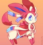  armband artist_name blue_eyes blue_sclera bow brooch cape commentary gem gradient gradient_background highres jewelry looking_to_the_side orange_background pokemon pokemon_(anime) pokemon_(creature) purpleninfy ribbon sylveon 