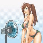  arched_back bikini black_eyes breasts brown_hair cleavage clothes_writing electric_fan large_breasts long_hair original ponytail sidelocks solo sweat swimsuit wet yoshikawa_hazure 