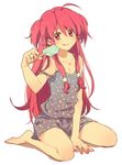  :q angel_beats! bare_shoulders barefoot casual food full_body jewelry long_hair nail_polish pajamas pink_hair popsicle red_eyes ring shorts simple_background sitting solo star star_print strap_slip tongue tongue_out two_side_up wariza yaruse yui_(angel_beats!) 