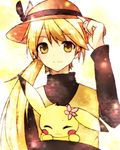  ^_^ bad_id bad_pixiv_id blonde_hair chuchu_(pokemon) closed_eyes flower gen_1_pokemon hair_flower hair_ornament hairy_pikachu hand_on_headwear hat holding long_hair nyaro9224 pikachu pokemon pokemon_(creature) pokemon_special ponytail smile straw_hat sun_hat yellow_(pokemon) yellow_eyes 