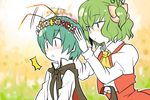  antennae bad_id bad_pixiv_id blush bug butterfly green_hair hair_ornament head_wreath insect kazami_yuuka multiple_girls newpe putting_on_headwear short_hair side_ponytail surprised touhou wriggle_nightbug 