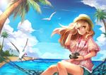  absurdres bad_id bad_pixiv_id bangs beach bird blonde_hair blunt_bangs boat camera cloud day hand_in_hair hat highres long_hair original outdoors sitting sky smile solo tree water watercraft yellow_eyes zhuxiao517 