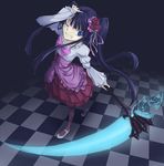 ars blue_eyes blue_hair bow checkered checkered_floor dress flower from_above furudo_erika grin hair_flower hair_ornament hand_on_own_head holding holding_scythe lolita_fashion long_hair looking_at_viewer one_eye_closed pantyhose pink_bow scythe smile solo twintails umineko_no_naku_koro_ni 