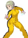  blonde_hair bodysuit bruce_lee's_jumpsuit electricity fighting_stance glowing green_eyes highres huang_baoling jumpsuit onsoku_maru orange_bodysuit short_hair simple_background solo tiger_&amp;_bunny white_background 