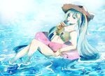  aqua_eyes aqua_hair bad_id bad_pixiv_id bikini bracelet drink hat hatsune_miku innertube jewelry long_hair rio_(e2759) solo swimsuit twintails very_long_hair vocaloid water 