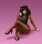  black_hair breasts brown_eyes clothing female hair high_heels ipan mammal pink_background plain_background shorts sitting solo tame 