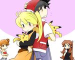  3girls back-to-back baseball_cap blonde_hair blue_(pokemon) blue_eyes blush bow brown_eyes brown_hair chuchu_(pokemon) crossed_arms earrings flower gen_1_pokemon gloves hair_flower hair_ornament hat hinoki_bayashi jewelry kasumi_(pokemon) long_hair looking_back multiple_girls pika_(pokemon) pikachu pokemon pokemon_(creature) pokemon_special ponytail red_(pokemon) red_hair short_hair shorts side_ponytail smile strapless sweatdrop tubetop yellow_(pokemon) 