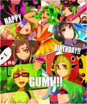  3d_glasses :o alternate_color alternate_hair_color baseball_bat baseball_cap black_hair bokura_no_16bit_warz_(vocaloid) boots brown_hair bubble_blowing card chewing_gum facial_mark fingerless_gloves glasses gloves goggles goggles_on_head green_eyes green_hair gumi happy_birthday happy_synthesizer_(vocaloid) hat headphones headset highres hood hoodie leg_garter lgw7 mask matryoshka_(vocaloid) mosaic_roll_(vocaloid) multicolored multicolored_eyes multiple_persona one_eye_closed open_mouth panda_hero_(vocaloid) paneled_background pink_eyes pointing poker_face_(vocaloid) short_hair skirt smile songover tantei_mushi_megane_(vocaloid) tears vocaloid wrist_cuffs yellow_eyes 