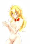 blonde_hair blush bow breasts groin hair_bow hands_clasped k2isu kirisame_marisa long_hair medium_breasts navel nipples no_hat no_headwear nude own_hands_together smile solo touhou yellow_eyes 