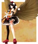  bad_id bad_pixiv_id black_hair black_legwear black_wings camera geta hat highres looking_at_viewer nishi_masakazu notebook open_mouth pen pointy_ears red_eyes shameimaru_aya shirt short_hair single_thighhigh skirt smile solo tengu-geta thighhighs touhou wings 