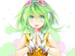  blush crying crying_with_eyes_open face goggles goggles_on_head green_eyes green_hair gumi hands headphones headset long_hair open_mouth shadowfire short_hair smile solo tears vocaloid wrist_cuffs 