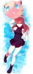  arm_up black_dress blue_(pokemon) blue_background blue_eyes breasts brown_hair character_name dress floating flying gen_1_pokemon gloves happy_birthday heart heart_of_string highres holding jigglypuff long_hair looking_at_viewer medium_breasts pika73 pokemon pokemon_(creature) pokemon_special shoes short_dress sidelocks sleeveless smile v 