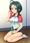  bottle buruma glasses green_eyes green_hair gym_uniform idolmaster idolmaster_dearly_stars muhi11234 okamoto_manami shoes short_hair sitting solo towel uwabaki wariza water_bottle 