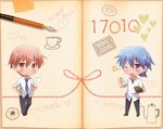  angel_beats! bad_id bad_pixiv_id baseball baseball_mitt blue_hair brown_eyes brown_hair chibi hinata_(angel_beats!) male_focus multiple_boys nib_pen_(object) one_eye_closed otonashi_(angel_beats!) pen purple_eyes school_uniform shinda_sekai_sensen_uniform uni_(rabbit_beat) 