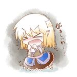  &gt;_&lt; ascot belt blonde_hair blush chibi closed_eyes dekasudachin dress fang hands_on_own_chest mizuhashi_parsee multicolored multicolored_clothes multicolored_dress open_mouth pointy_ears solo tears touhou translated trembling 