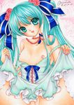  aqua_eyes aqua_hair bare_shoulders breasts dress flower hair_flower hair_ornament hair_ribbon hatsune_miku jewelry long_hair marker_(medium) mocomoco_party musical_note necklace nipples no_panties open_mouth pastel_(medium) pussy ribbon skirt skirt_lift small_breasts solo spread_legs strap_slip thighhighs traditional_media twintails very_long_hair vocaloid 