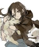  bad_id bad_pixiv_id brown_eyes brown_hair cloak dog hug inukashi long_hair no.6 solo soto 