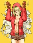  bad_id bad_pixiv_id boyshorts facial_tattoo gloves green_eyes green_hair grin gumi h-y-d highres hood hoodie matryoshka_(vocaloid) multicolored multicolored_eyes navel no_bra red_eyes smile solo tattoo unzipped vocaloid 