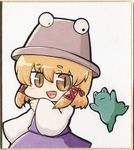  bad_id bad_pixiv_id blonde_hair blush_stickers border chibi dress eyes frog hair_ribbon hat marker_(medium) moriya_suwako nura_(oaaaaaa) open_mouth orange_eyes ribbon shikishi slit_pupils solo touhou traditional_media yellow_eyes 