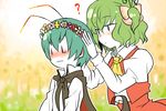  antennae bad_id bad_pixiv_id blush bug butterfly ear_blush green_hair hair_ornament head_wreath insect kazami_yuuka multiple_girls newpe putting_on_headwear short_hair side_ponytail tears touhou wavy_mouth wriggle_nightbug 