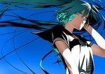  alternate_costume aqua_eyes aqua_hair floating_hair hatsune_miku headphones highres long_hair onigunsou school_uniform shirt solo striped striped_shirt twintails very_long_hair vocaloid 