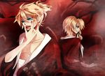  1girl bandages blonde_hair blood blood_on_face blue_eyes brother_and_sister earrings hair_ornament jewelry kagamine_len kagamine_rin lancha licking no_pupils ribbon short_hair siblings sword twins vocaloid weapon 