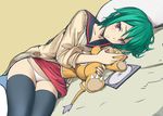  bleach brown_eyes doll green_hair kon kujou_nozomi lying metadora panties school_uniform serafuku short_hair sleeves_pushed_up solo thighhighs underwear white_panties 