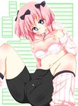  1girl bike_shorts blue_eyes blush bow bra bra_pull breasts fang hair_bow hibari_(senran_kagura) highres kuraryu large_breasts leg_warmers lingerie nipples open_mouth pink_hair senran_kagura senran_kagura_shoujo-tachi_no_shin'ei shirt_lift short_hair smile solo symbol-shaped_pupils underwear zipper 