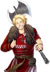  axe axis_powers_hetalia belt blonde_hair closed_eyes denmark_(hetalia) fur grin jersey jewelry knife male_focus md5_mismatch necklace pouch sherry_lai simple_background smile solo weapon white_background 