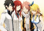  2girls arm_around_neck black_eyes black_hair blonde_hair breasts brown_hair cleavage closed_eyes earrings erza_scarlet fairy_tail gray_fullbuster hair_ribbon jewelry large_breasts long_hair lucy_heartfilia multiple_boys multiple_girls natsu_dragneel one_side_up open_mouth red_hair ribbon scarf smile teeth yue 