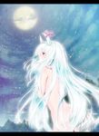  ass back bad_id bad_pixiv_id bare_back dabadhi full_moon highres horns kamishirasawa_keine letterboxed long_hair moon moonlight nude red_eyes silver_hair solo tail touhou 