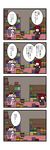  4koma black_wings book bookshelf comic crescent dora_ita hat head_wings highres koakuma long_hair multiple_girls necktie patchouli_knowledge purple_hair red_hair shelf sweatdrop touhou translated wings 