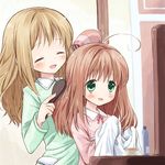  :d alternate_hairstyle blush closed_eyes green_eyes hair_brush hair_brushing hair_down hair_dryer jewelpet_(series) jewelpet_twinkle multiple_girls open_mouth pajamas sakura_akari sakura_monica siblings sisters smile takano_natsuki 