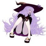 bad_id bad_pixiv_id copyright_request gloves hat kansou_samehada legs long_hair looking_away purple_eyes purple_hair simple_background sitting solo witch witch_hat 