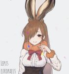  animal_ears bow bowtie brown_eyes brown_hair bunny_ears center_frills dnsdltkfkd european_hare_(kemono_friends) extra_ears eyebrows_visible_through_hair fur_collar fur_trim hair_over_one_eye kemono_friends latin long_hair long_sleeves playing_with_own_hair sidelocks solo upper_body white_hair 