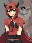  alternate_costume black_hair cape crossed_arms engrish fingerless_gloves gloves hood horns male_focus mokorei pointing pokemon pokemon_(game) pokemon_rse pokemon_special ranguage red_eyes ruby_(pokemon) smile solo standing team_magma zoom_layer 