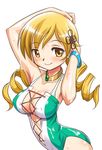  arms_up blonde_hair casual_one-piece_swimsuit denden_(dendenden) drill_hair long_hair mahou_shoujo_madoka_magica one-piece_swimsuit solo swimsuit tomoe_mami twin_drills twintails yellow_eyes 