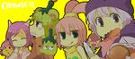  2girls animal_ears ceviche chowder chowder_(series) dual_persona fang food gorgonzola haku_le hamburger hat horns multiple_boys multiple_girls panini simple_background tied_ears 