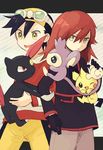  aipom back-to-back backwards_hat bad_id bad_pixiv_id baseball_cap black_hair coroof gen_2_pokemon gloves goggles gold_(pokemon) grey_eyes hair_between_eyes hairy_pichu hat long_hair long_sleeves multiple_boys pichu pokemon pokemon_(creature) pokemon_special red_eyes shirt short_hair shorts silver_(pokemon) standing yellow_eyes 