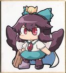  bad_id bad_pixiv_id bird blush_stickers border chibi dress hair_ribbon marker_(medium) nura_(oaaaaaa) purple_hair red_eyes reiuji_utsuho ribbon shikishi slit_pupils solo third_eye touhou traditional_media wings 