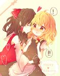  2girls bad_id bad_pixiv_id blonde_hair blush brown_hair hakurei_reimu kirisame_marisa multiple_girls nini3piyo touhou yellow_eyes yuri 