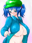  after_paizuri aqua_eyes aqua_hair blush breasts cum cum_on_body cum_on_breasts cum_on_upper_body hair_bobbles hair_ornament han_(jackpot) hat huge_breasts kawashiro_nitori navel open_clothes open_shirt shirt solo sweat touhou two_side_up 