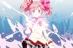  hand_on_own_chest kaname_madoka light mahou_shoujo_madoka_magica pink pink_hair ruins school_uniform short_hair shuri_(84k) smile solo transformation twintails 