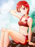  10s 1girl arm_up bikini bikini_shorts blue_sky blush breasts collarbone highres kenjou_akira kirakira_precure_a_la_mode looking_at_viewer medium_breasts navel precure red_eyes red_hair ruriruri short_hair shorts sitting sky smile solo swimsuit 