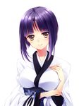  bad_id bad_pixiv_id bangs breasts character_request copyright_request eyebrows_visible_through_hair highres itou_nanami japanese_clothes kimono large_breasts looking_at_viewer obi purple_hair sash short_hair sidelocks simple_background solo upper_body yellow_eyes 