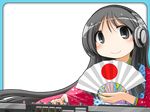  blush earth_ekami fan grey_eyes grey_hair headphones japanese_clothes japanese_flag kimono long_hair mixing_table no_nose smile solo 